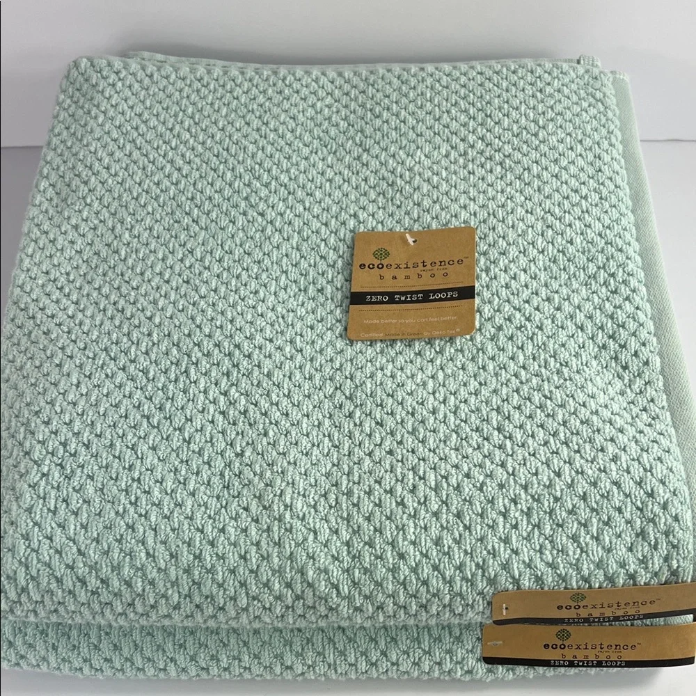 Ecoexistence Bamboo Bath Towels Blue (green) Waffle Soft Cotton Set of 2 NEW